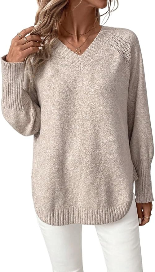 METOES Women's Loose Casual Long Sleeve Pullover Sweaters V-Neck Raglan Sleeve Long Sleeve Casual... | Amazon (US)