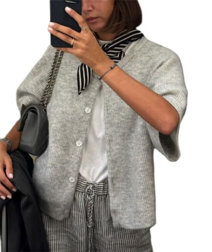Women Knitted Crop Cardigan Shirt Short Sleeve Button Down Ribbed Knit Crop Top Y2k Girls Outwear Top Tee Shirt (Gray, L) | Amazon (US)