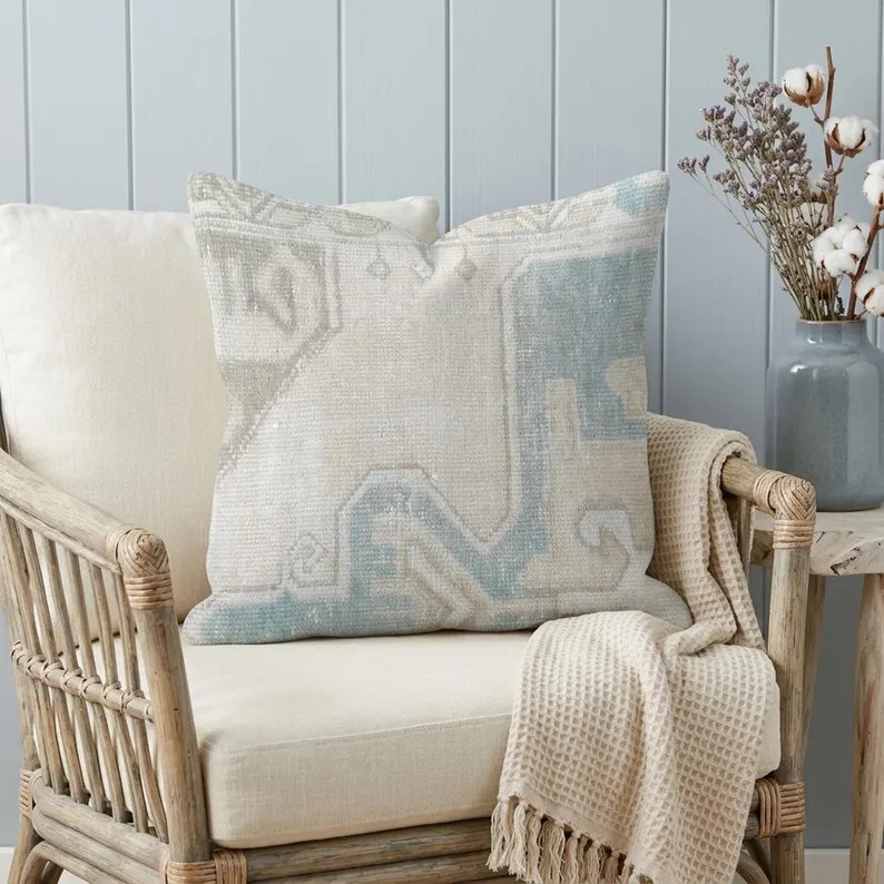 Muted Pastel Blue Neutral Kilim Pillow 20x20 | Soft Coastal Boho Sham | GR120 | Etsy (Global)