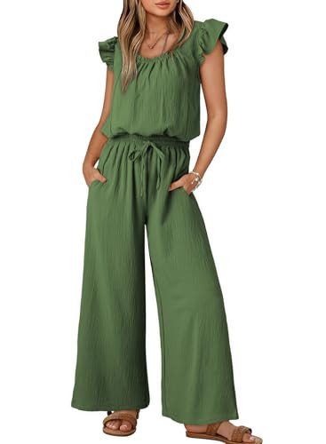 Dokotoo Jumpsuits for Women 2025 Summer Ruffle Sleeves Square Neck Beach Vacation Essentials Wide Leg Casual Overalls with Pockets for Weddings,Vineyard Small | Amazon (US)