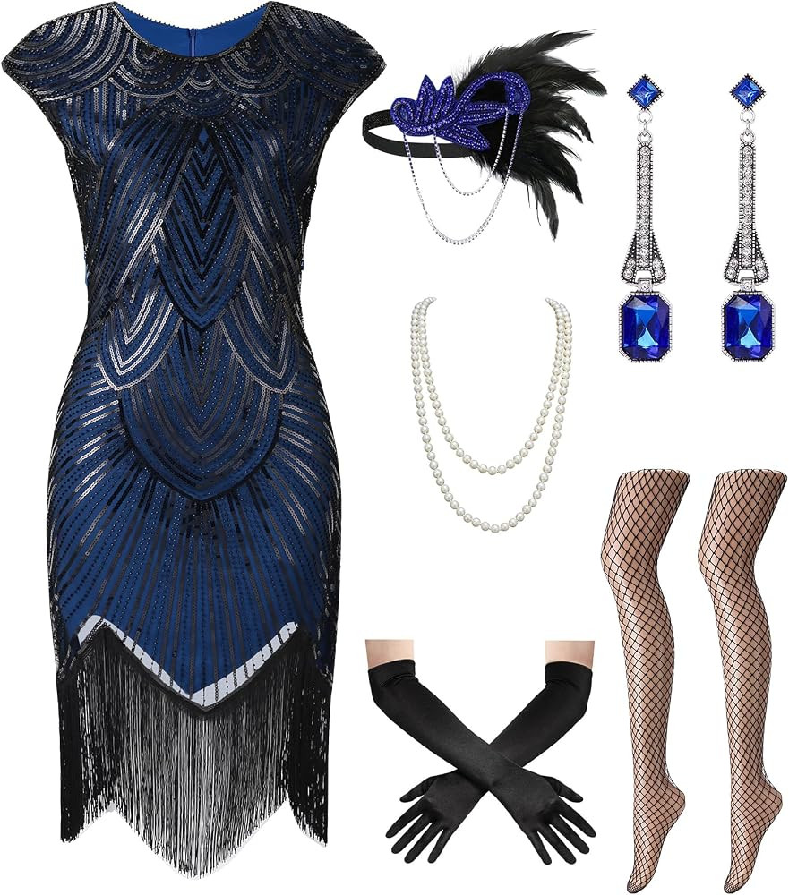 Womens 1920s Flapper Dress Sequin Fringe Costume Set | Amazon (US)