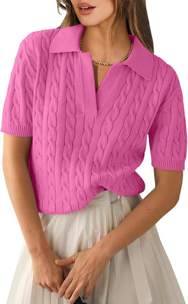 ANRABESS Women's Short Sleeve Sweaters Tops Polo V Neck Cable Knit Casual Soft Pullover Shirts 20... | Amazon (US)