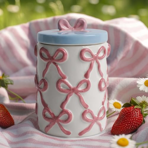 Cookie Jars with Lid Airtight, 42 OZ Large Ceramic Food Storage Containers, Cute Pink Bow Kitchen Canisters for Countertop, Suitable for Home Decor of Coffee, Sugar, Tea, Flour, Dog Treat (7.5 inch） | Amazon (US)