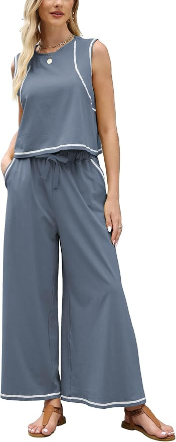 Ynhonra Womens Summer 2 Piece Lounge Set Sleeveless Tank Top Wide Leg Pant | Amazon (US)