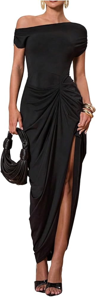 Floerns Women's Elegant Long Dress Asymmetrical Off Shoulder Ruched Slit Bodycon Cocktail Dresses | Amazon (US)