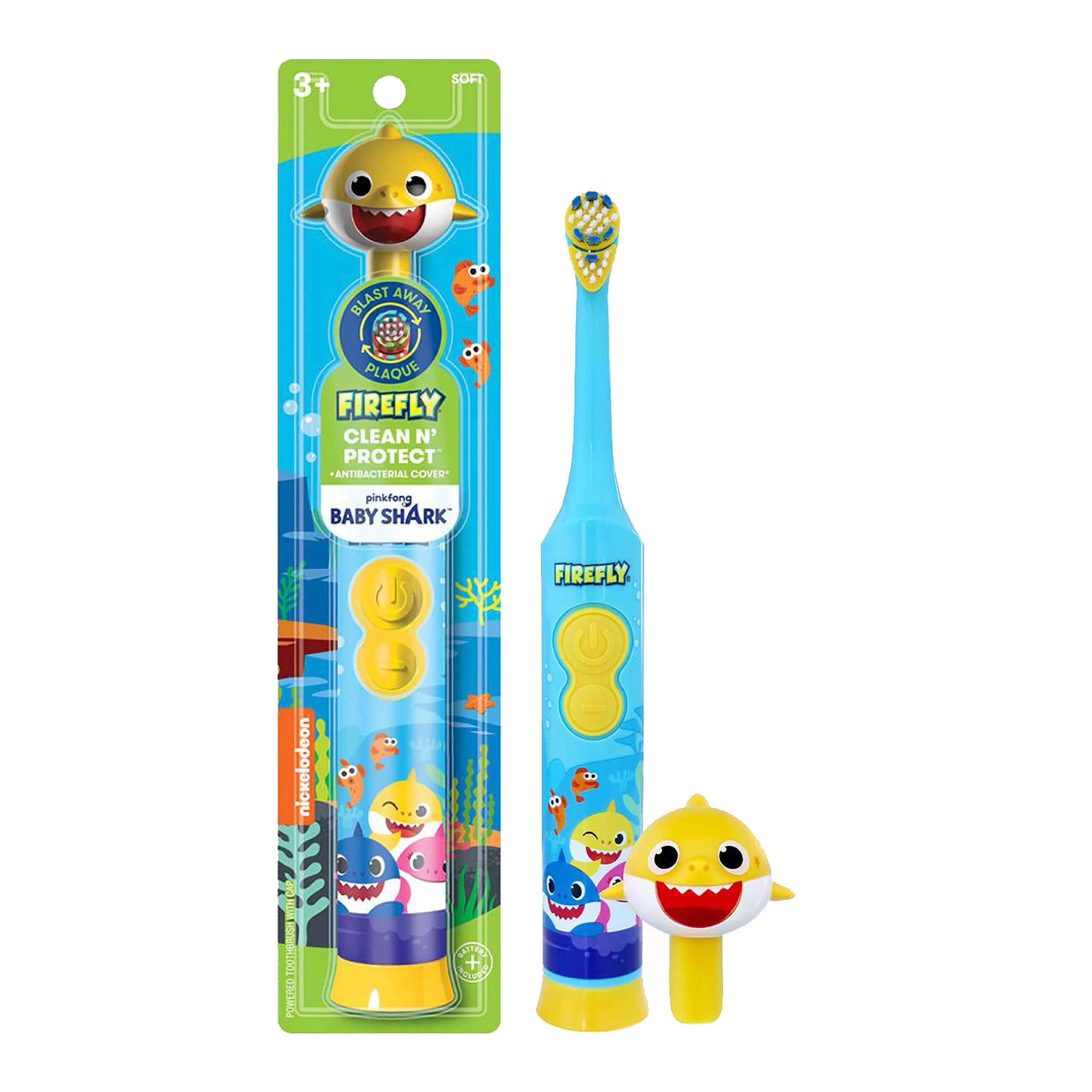 Firefly Clean N' Protect, Baby Shark Toothbrush with 3D Antibacterial Character Cover, Soft Compa... | Walmart (US)