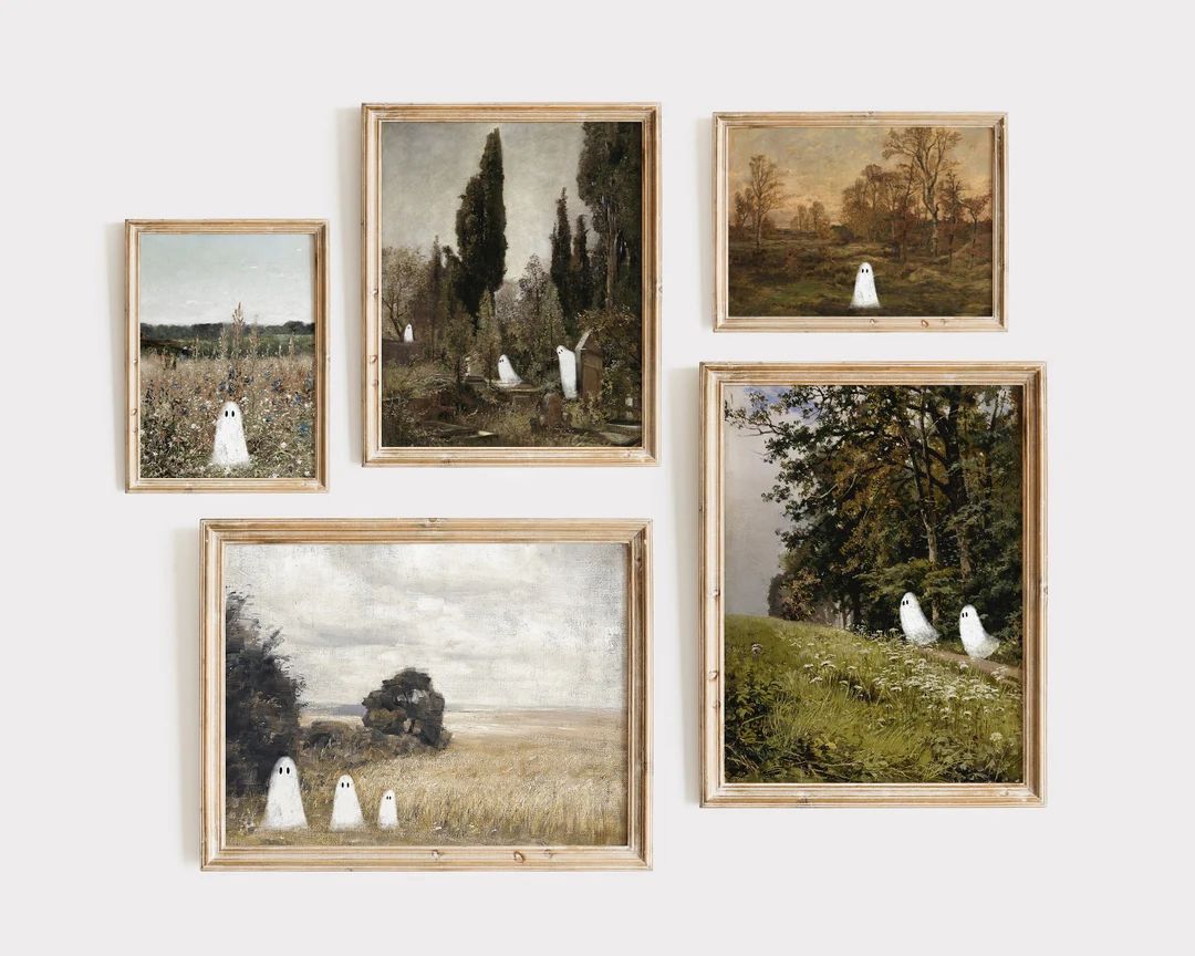 Mailed Ghost Prints Ghosts in Vintage Landscapes Set of 5 Farmhouse Halloween Gallery Wall Set PR... | Etsy (US)