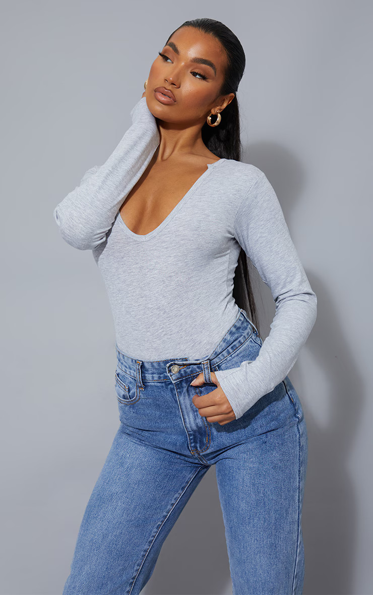 Basic Grey Marl Cotton Blend Plunge Long Sleeve Bodysuit | PrettyLittleThing UK