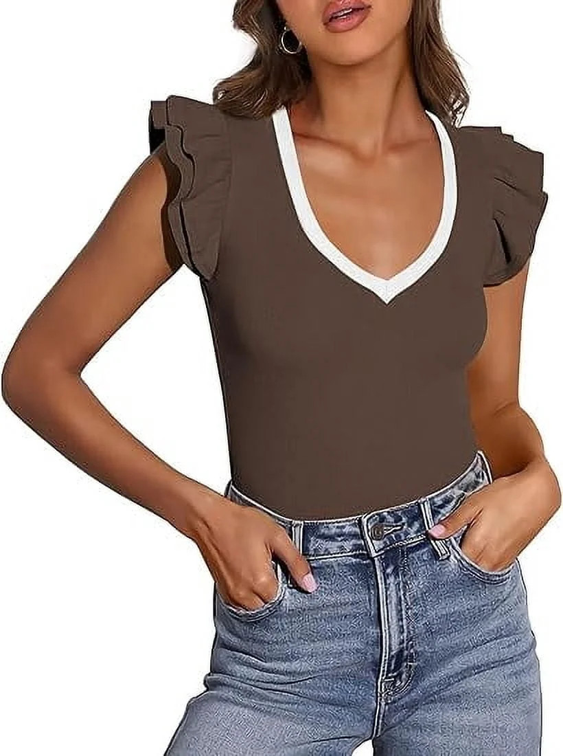 PRETTYGARDEN Womens V Neck Summer Tops Ruffle Sleeveless Slim Fit T Shirts Going Out Casual Blous... | Walmart (US)