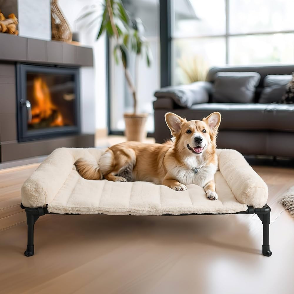 Veehoo Cooling Elevated Dog Bed + Removable Fluffy Pillow-Top Mat, Plush Dog Bed with Bolster, Br... | Amazon (US)