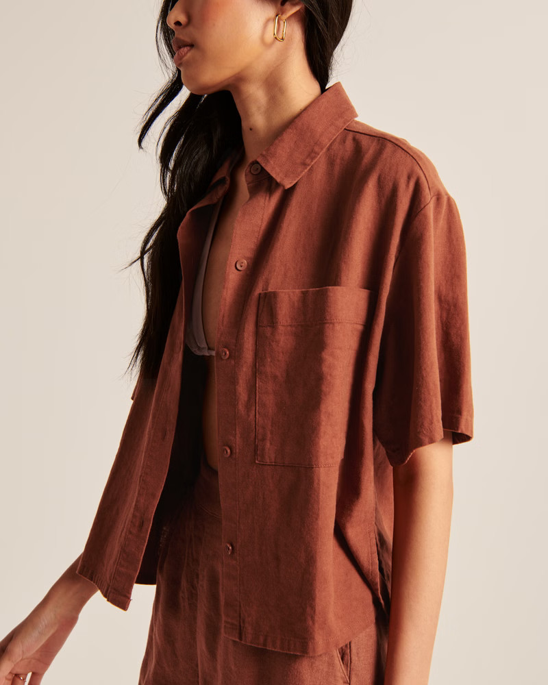90s Cropped Linen-Blend Button-Up Shirt | Abercrombie & Fitch (US)