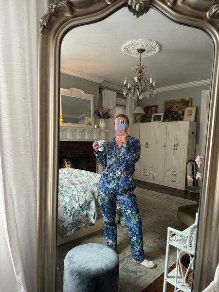 Blue and white floral mug, printed matching pajama set, velvet ottoman, silver floor mirror, bedroom rug, bedding, floral duvet cover, sheets, wardrobe, crystal chandelier, ceiling medallion, crown molding 

#LTKhome #LTKstyletip