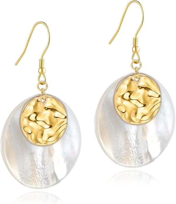 18K Gold Plated Shell Earrings for Women Lightweight Round Circle Disc Dangle Drop Earrings Minim... | Amazon (US)