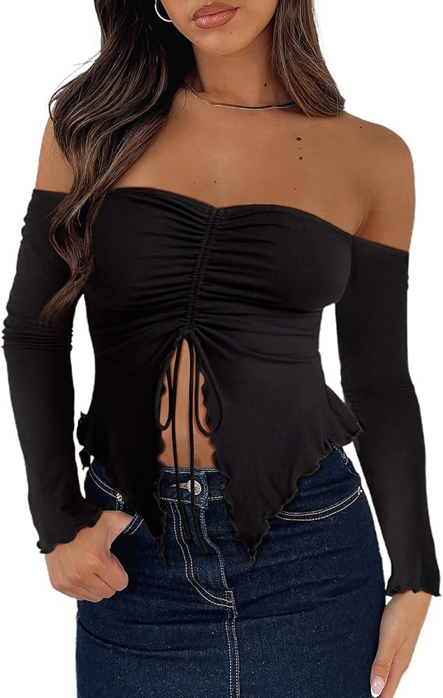 AGECODE Women's Off Shoulder Drawstring Front Ruched Long Sleeve Asymmetrical Hem Crop Top Blouse... | Amazon (US)
