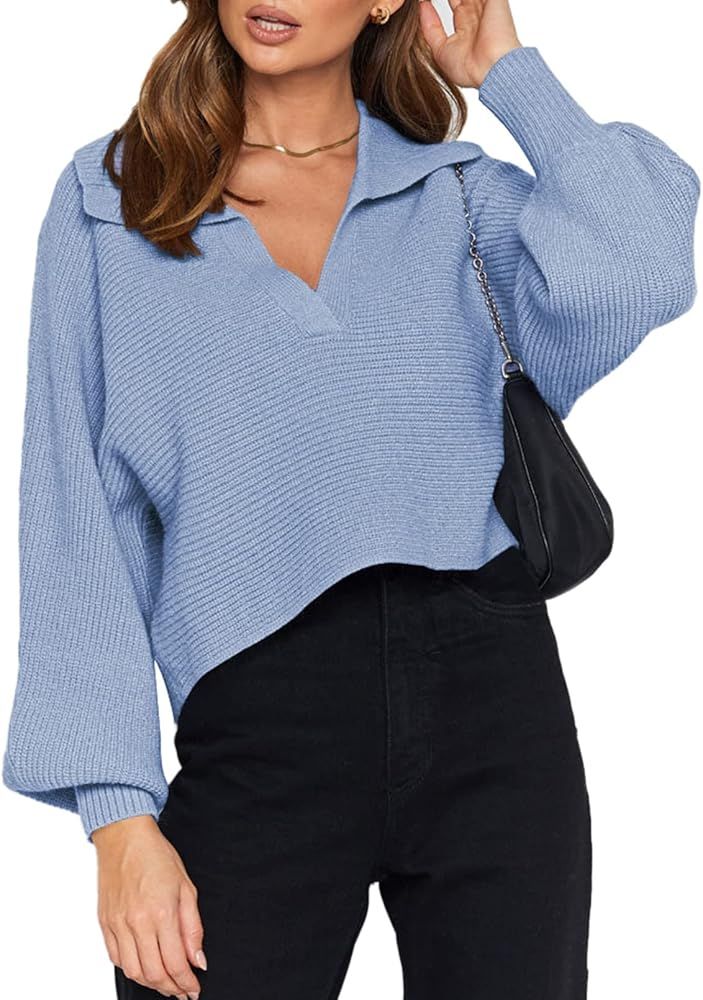 Meenew Women's Lantern Sleeve Crop Pullover Sweater V Neck Lapel Collar Crop Top | Amazon (US)