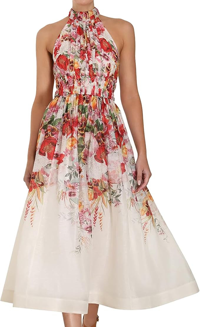Jardinvue Midi Floral Dress Belted Halter Dress Delicate Flower Dress | Amazon (US)