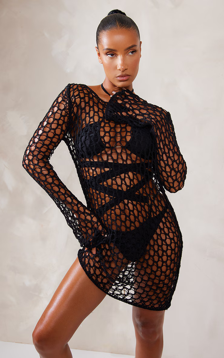 Black Long Sleeve Crochet Floaty Mini Dress | Pretty Little Thing (Australia & New Zealand)