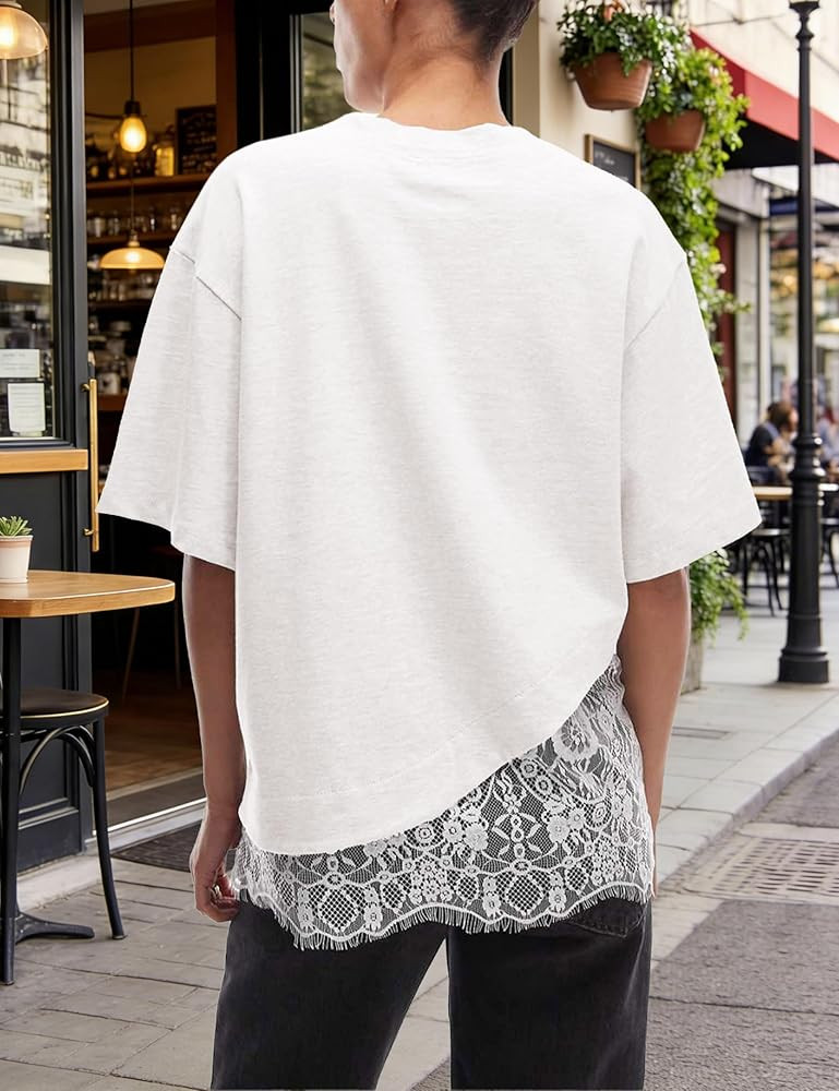 Women's Lace Patchwork Top Summer Daily Relaxed Fit Drop Shoulder Short Sleeve Blouse Casual Week... | Amazon (US)