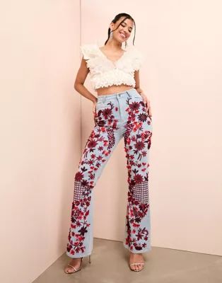 ASOS LUXE red jewel embellished flared jeans in mid wash | ASOS (Global)