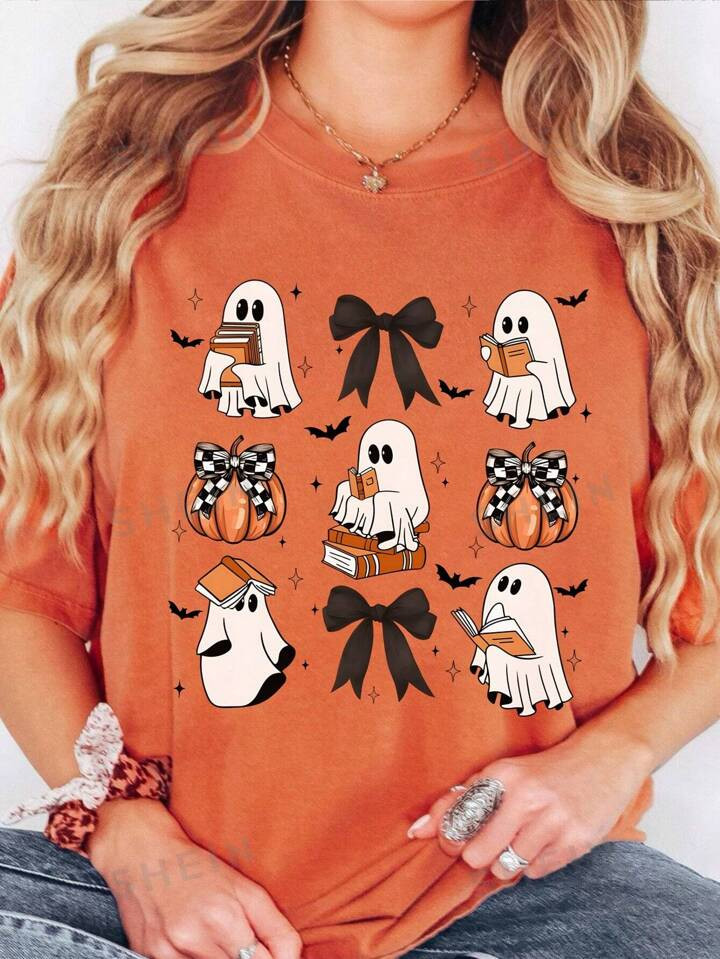 SHEIN EZwear Plus Size Halloween Themed Printed Crew Neck Short Sleeve T-Shirt | SHEIN
