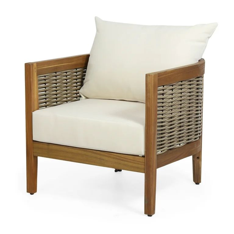 Rattler Acacia Wood and Wicker Outdoor Club Chair with Cushions, Teak, Mixed Brown, and Beige | Walmart (US)