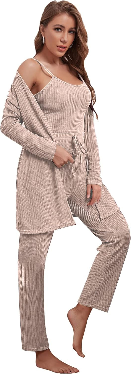 SheIn Women's 3 Piece Waffle Knit Cami Top and Knot Pants and Robe Pajama Set | Amazon (US)