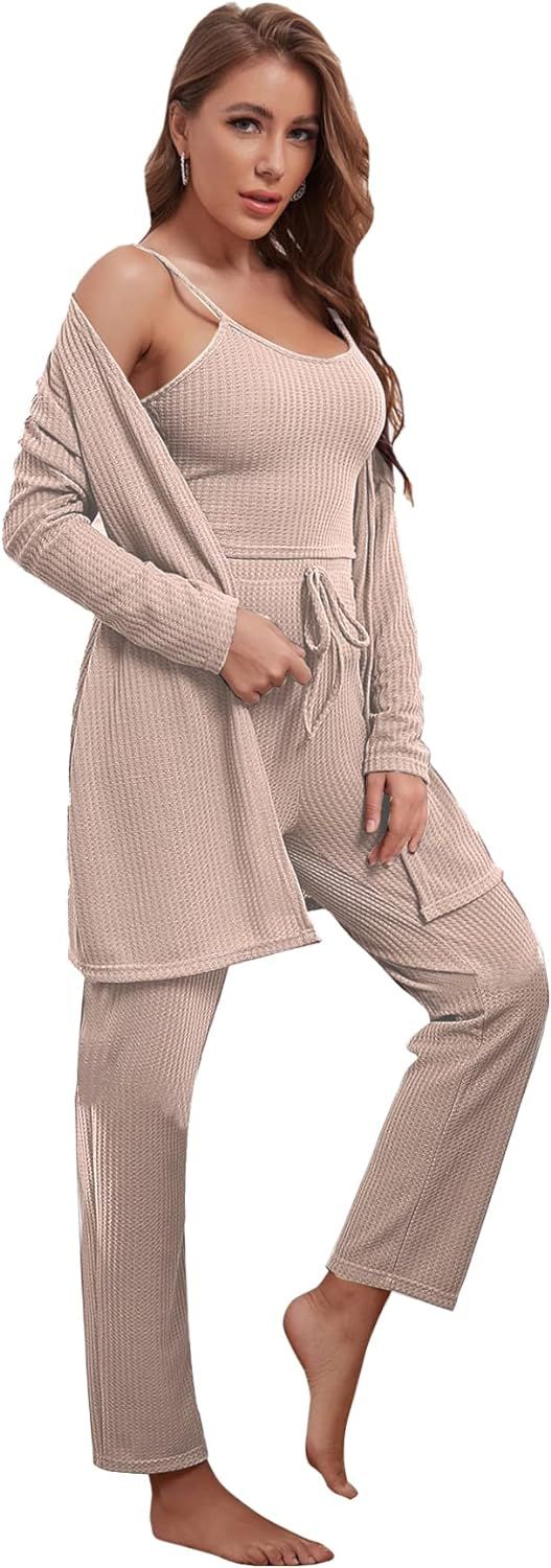 SheIn Women's 3 Piece Waffle Knit Cami Top and Knot Pants and Robe Pajama Set | Amazon (US)