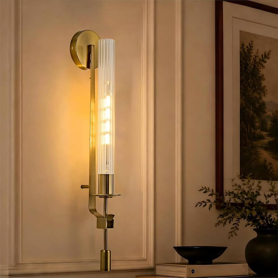 LIGHTLAND Gold Wall Sconce, 28 Inch Modern Metal Glass Wall Light Fixture, Wall Lamp for Living R... | Amazon (US)