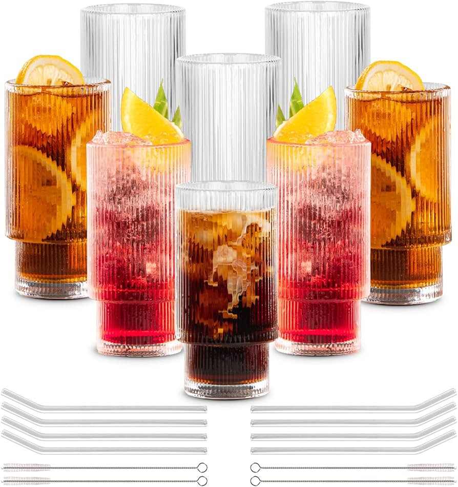 Combler Ribbed Glass Cups with Glass Straws, 11oz Drinking Glasses Set of 8, Ribbed Glassware Set... | Amazon (US)
