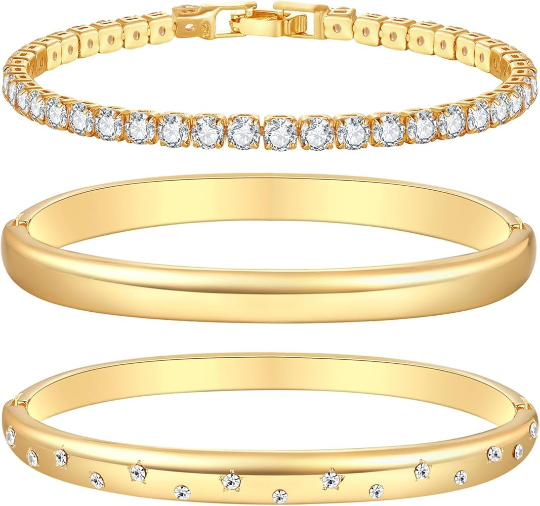 Gold Bracelets for Women Trendy: Chunky Gold Bangle Bracelet Stack with Cubic Zirconia Tennis Bra... | Amazon (US)