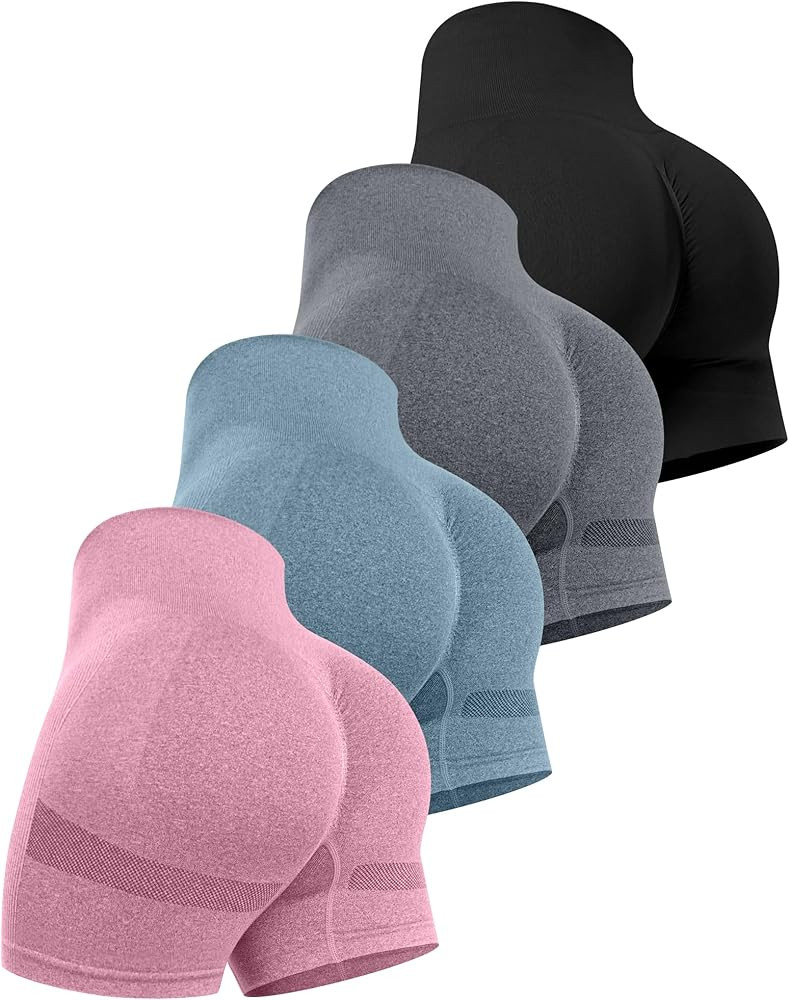 CHRLEISURE Women's 4 Packs Workout Gym Shorts, High Waisted Butt Lifting Scrunch Butt Seamless Bo... | Amazon (US)