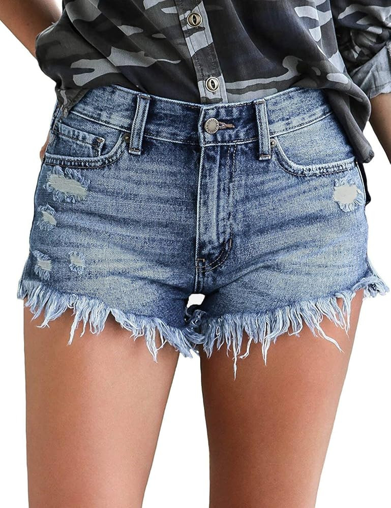 luvamia Women Casual High Waisted Denim Shorts Frayed Raw Hem Ripped Jeans Shorts | Amazon (US)