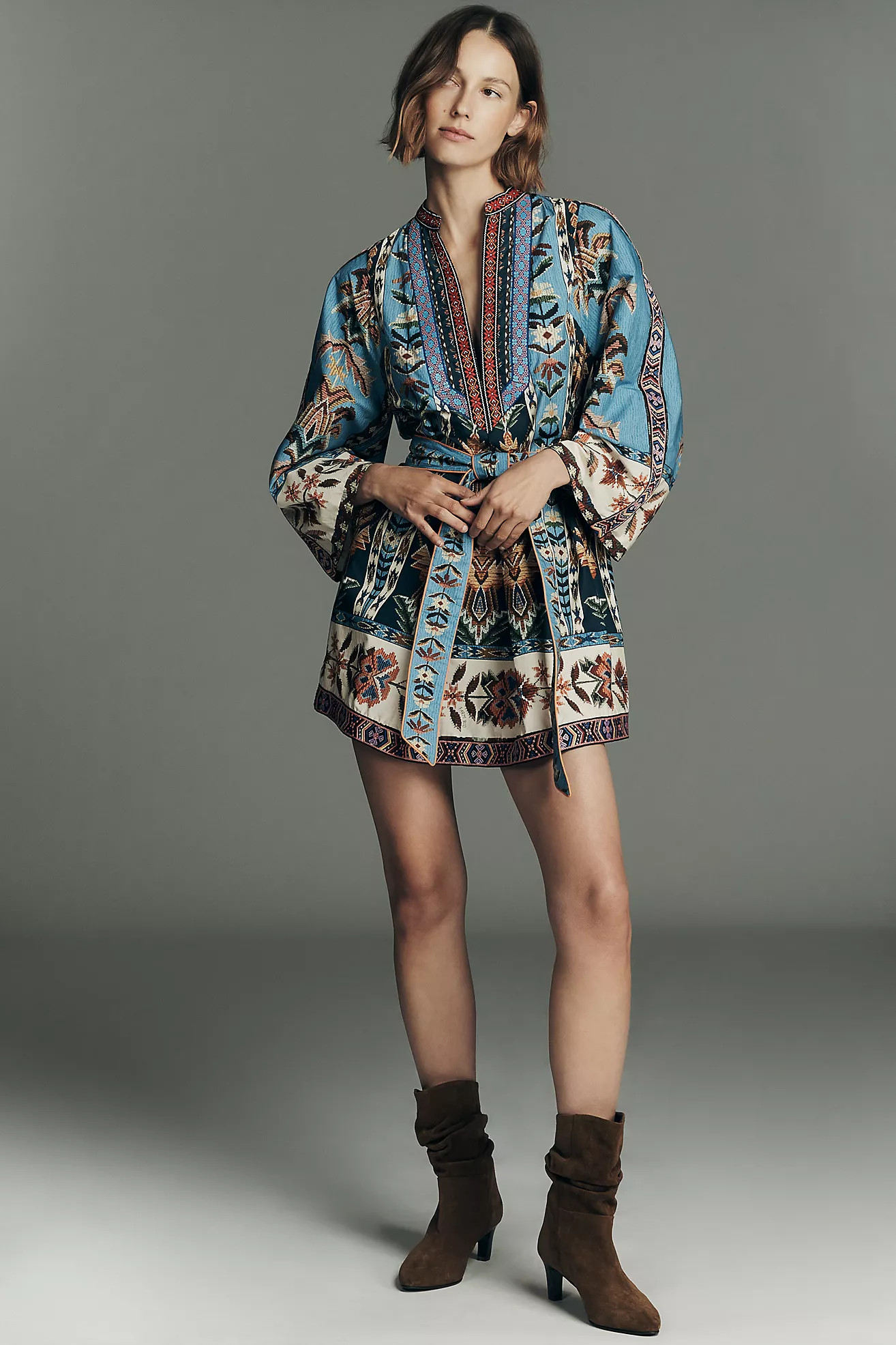 Farm Rio Tie-Front Long-Sleeve Plunge Mini Dress | Anthropologie (US)