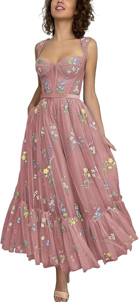 Fivsole Women's Midi Floral Prom Dresses Flower Embroidered Short Formal Tulle Evening Party Gown | Amazon (US)