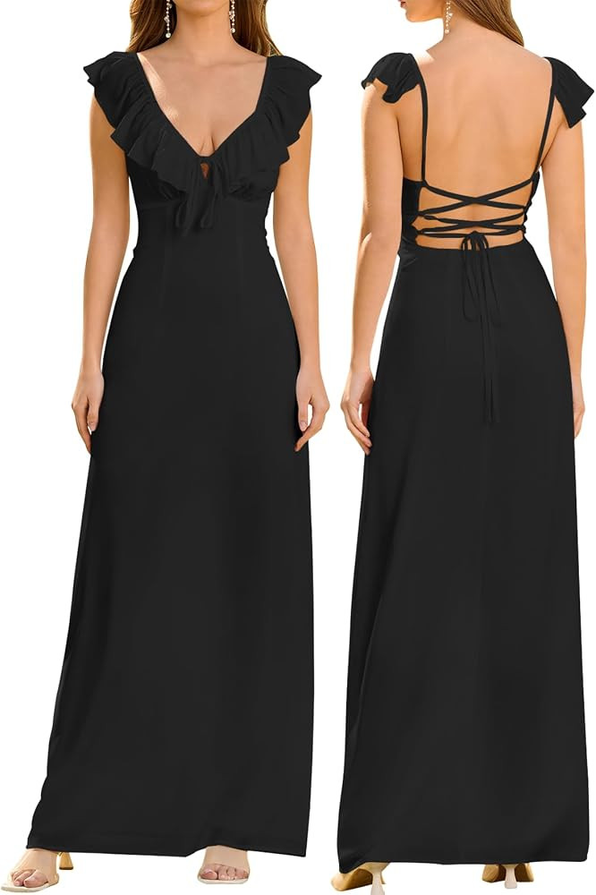 HTZMO Women Summer Casual Boho Maxi Dress Sexy V Neck Ruffle Backless Tie Beach Party Long Sundre... | Amazon (US)