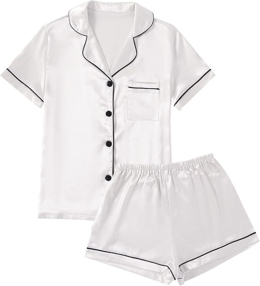 LYANER Women's Satin Pajamas Set Short Sleeve Button Shirt Silky Sleepwear With Shorts Set PJ | Amazon (US)
