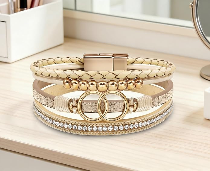 Multi-Layer Leather Wrap Bracelets for Women, Elegance Bracelet Jewelry for Women (Beige) | Amazon (US)