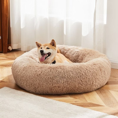 PAGED 30.7" Round Plush Pet Bed,Anti-Slip Fluffy Faux Fur Dog Bed,Holds up to 25 lbs,Brown | Target