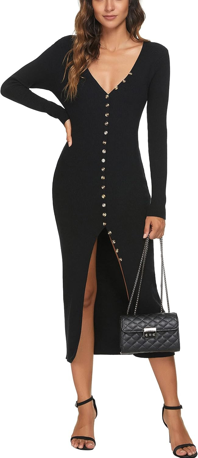 CMZ2005 Women's Button Down Long Sleeve Cardigan Outerwear Sweater Dress Bodycon Party Maxi Dress... | Amazon (US)