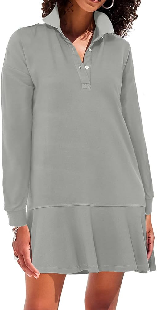 Polo Dress Long Sleeve V-Neck Ruffle Hem Mini Dresses | Amazon (US)