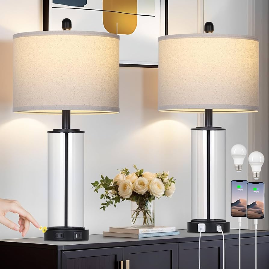 26" Black Glass Table Lamps Set of 2, 3-Way Dimmable Touch Control Living Room Lamp with USB C+A ... | Amazon (US)