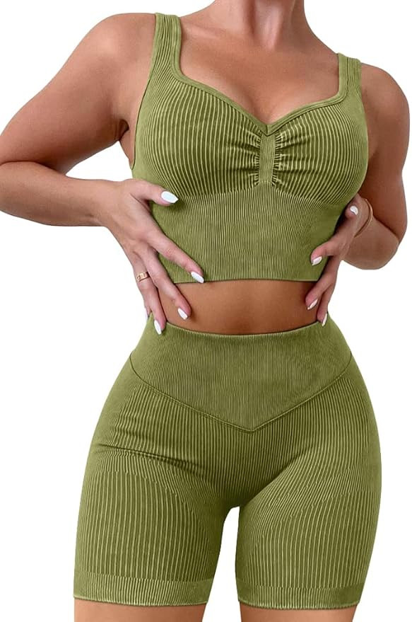 GXIN Workout Sets for Women 2 Piece Seamless Ribbed High Waist Running Shorts Gym Yoga Sports Bra... | Amazon (US)