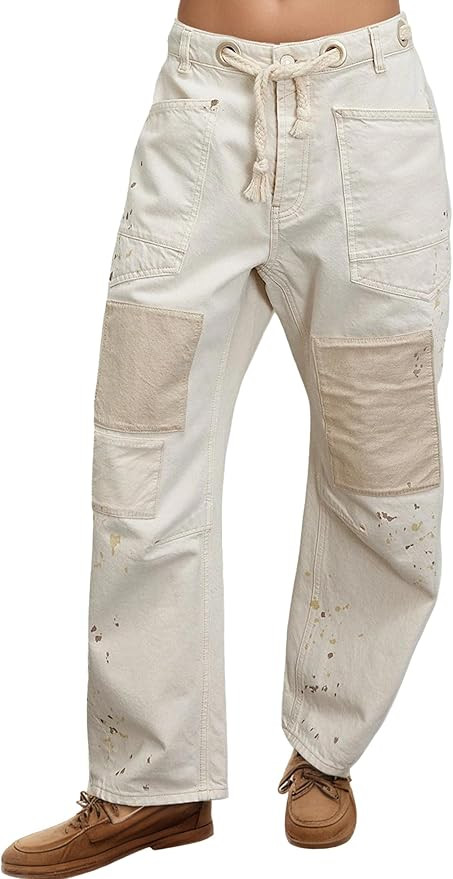 Womens Pull-On Barrel Jeans Mid-Low Rise Boyfriend Drawstring Ankle Baggy Elastic Waist Stretchy ... | Amazon (US)