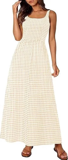 PRETTYGARDEN Women's Summer Spaghetti Strap Maxi Dresses Plaid Square Neck A Line Casual Beach Va... | Walmart (US)
