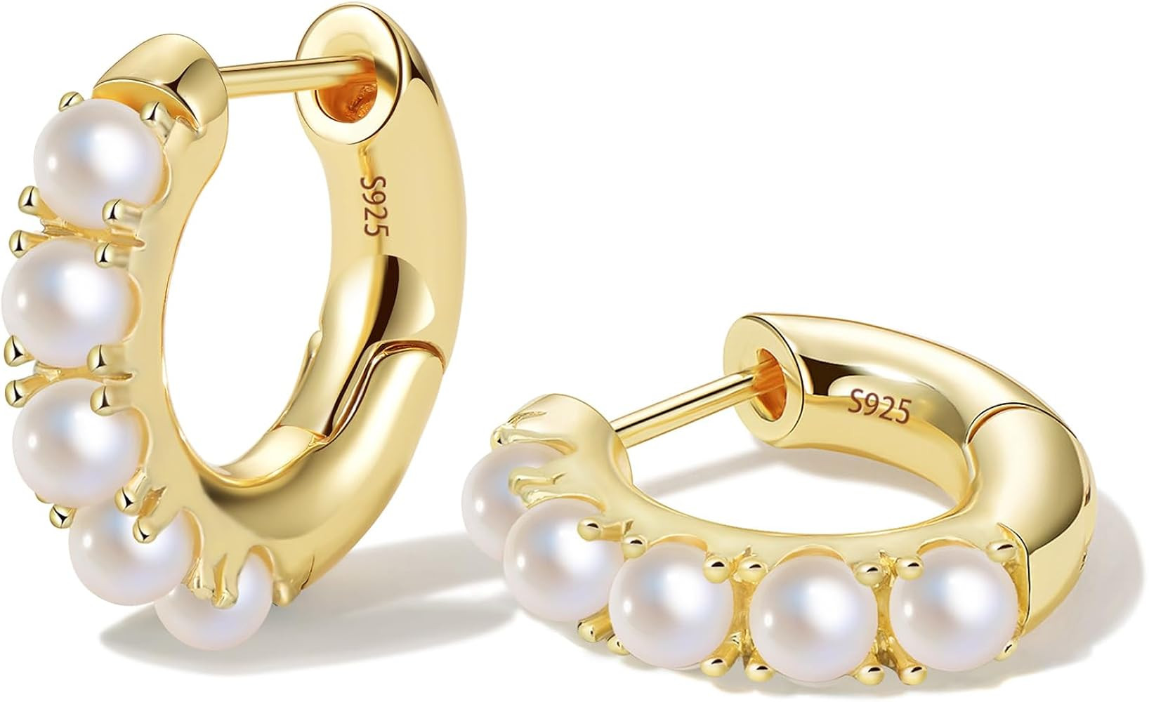 14k Gold Plated Chunky Huggies Earring for Women with Sterling Silver Post,Trendy Gold Pearl Earr... | Amazon (US)