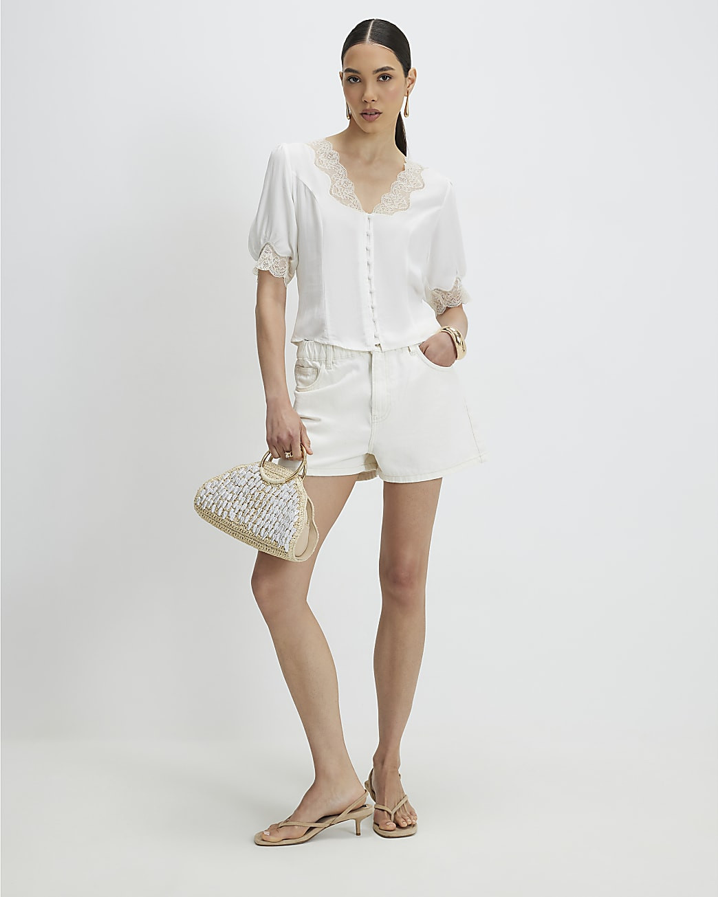 Cream Lace Trim Short Sleeve Blouse | River Island UK & IE