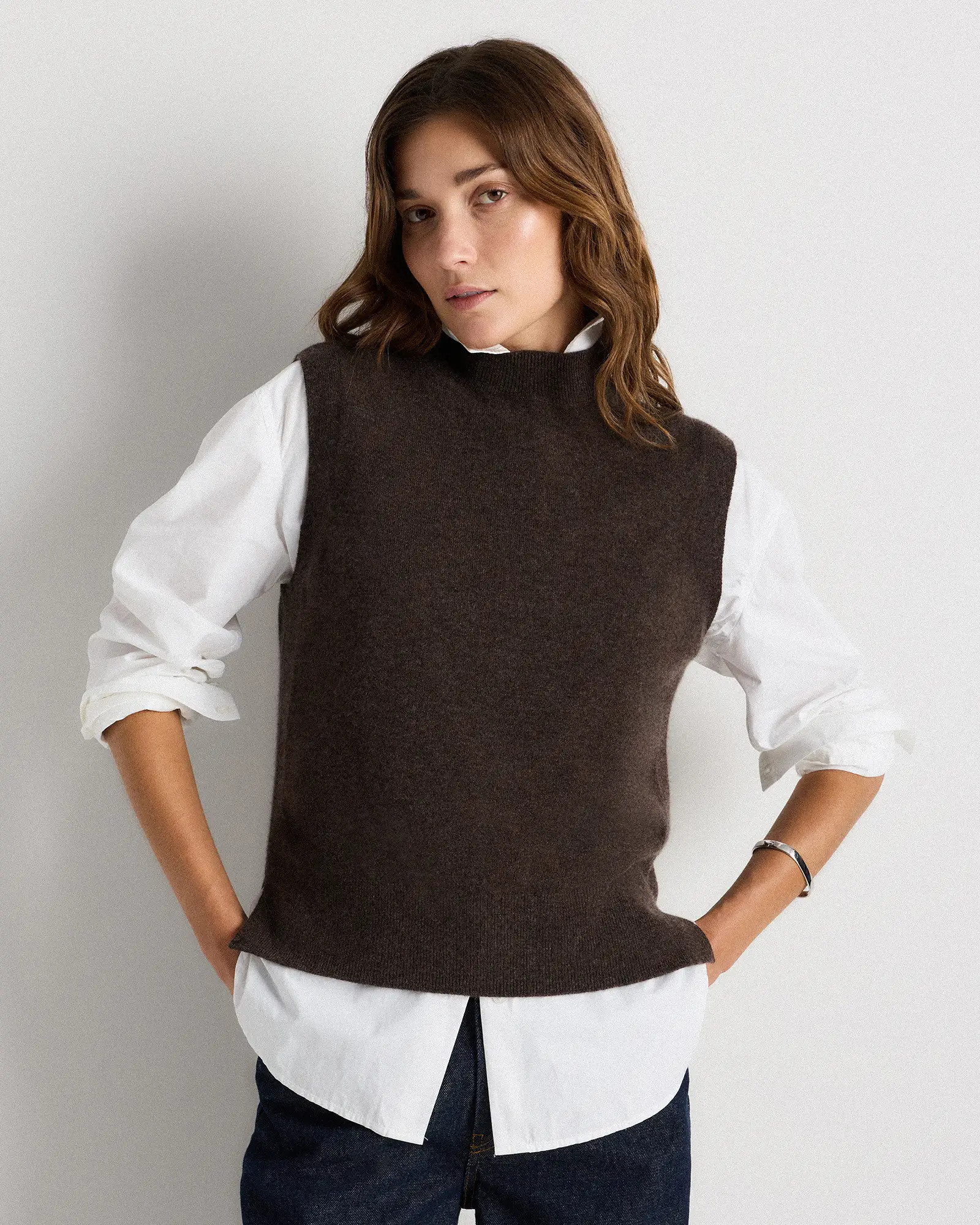 Mongolian Cashmere Mock Neck Sweater Vest  in Heather Truffle Brown | Quince