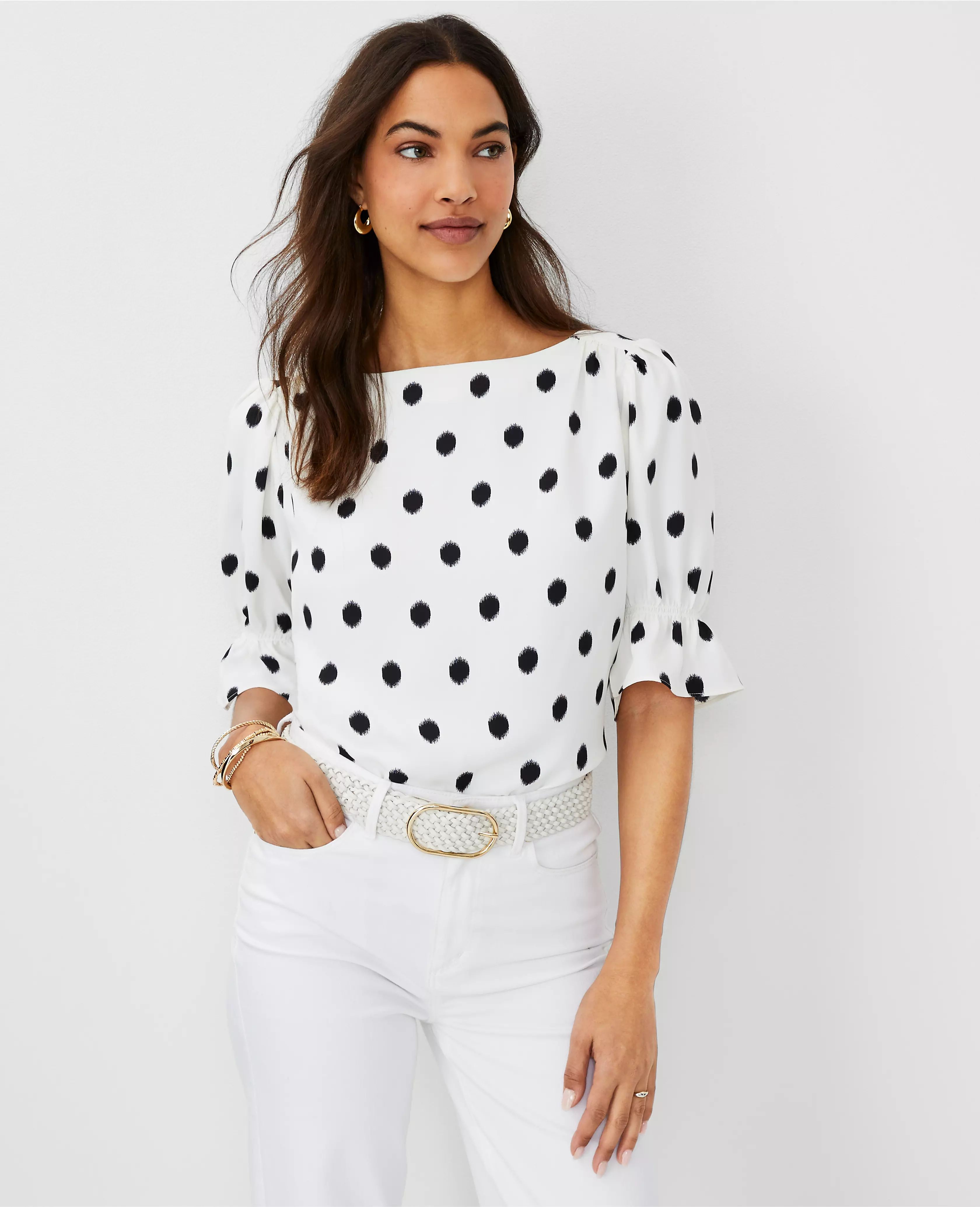 Dotted Ruffle Mixed Media Puff Sleeve Top | Ann Taylor (US)