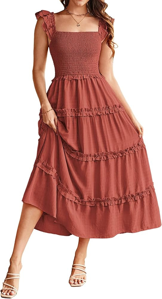 GRACE KARIN Women's Summer Straps Dresses Casual Smocked Elastic Waist A-line Maxi Dresses with P... | Amazon (UK)