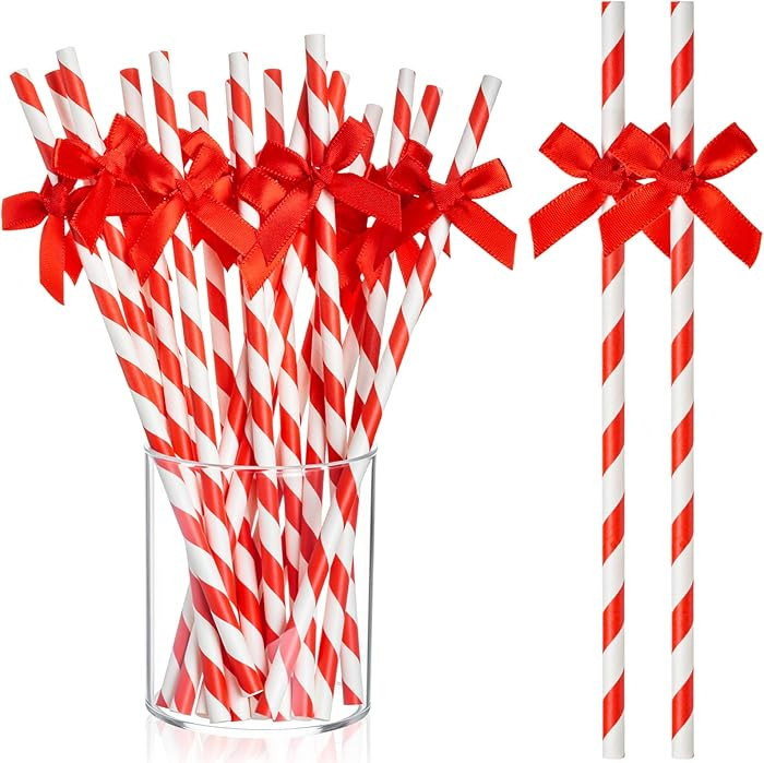 100 Pcs Valentine's Day Bow Paper Straws Bulk Red Disposable Bow Striped Straws for Drinking, Val... | Amazon (US)
